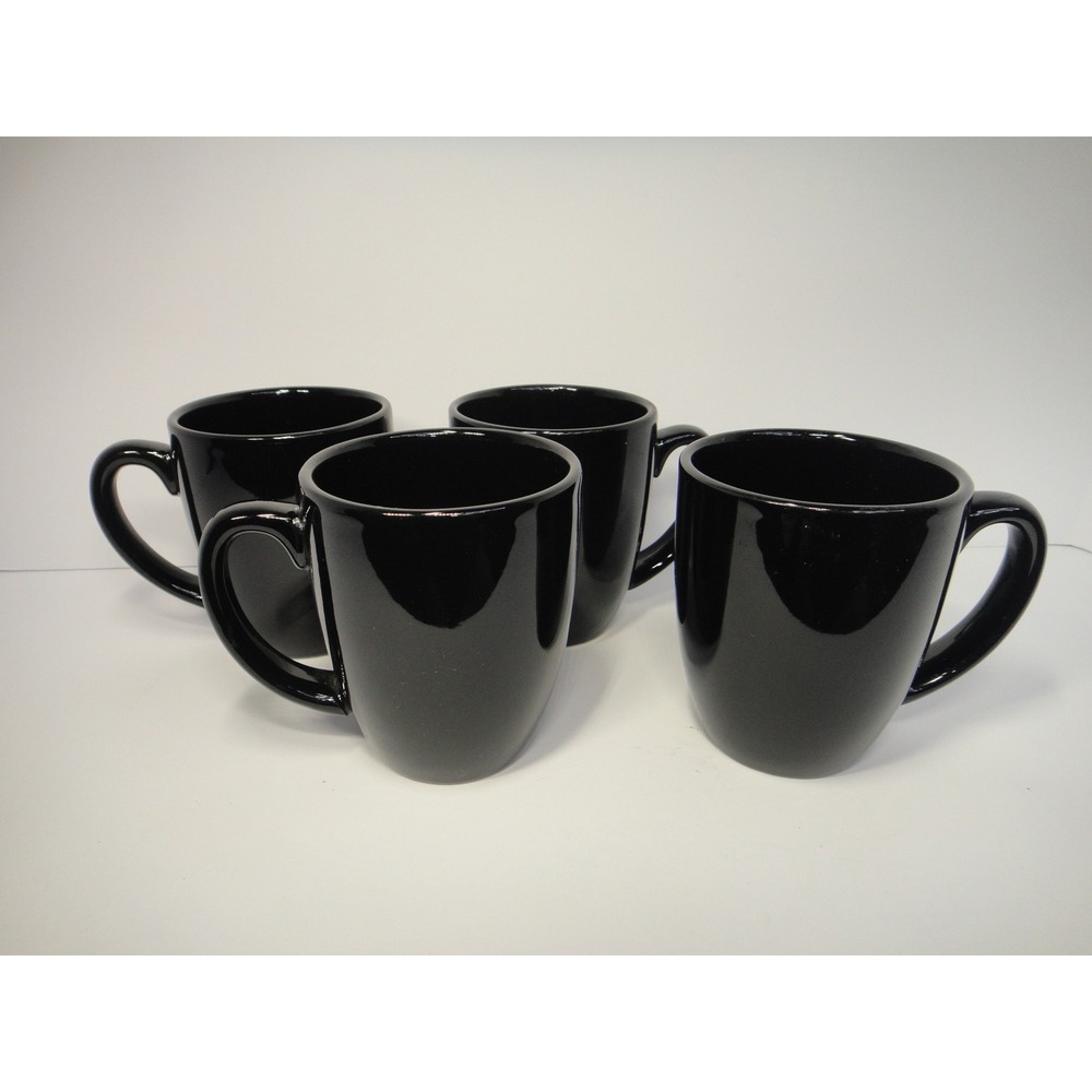 Corelle Coordinates Black Stoneware Mugs Set of 4 Glossy Coffee Tea Cups 4" VTG